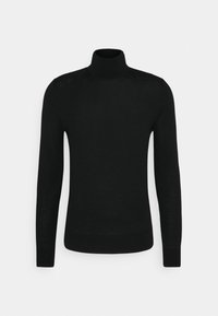 Maglione a collo alto nero realizzato in tessuto morbido e leggero. Presenta maniche lunghe e una silhouette aderente con un collo e un orlo a costine.