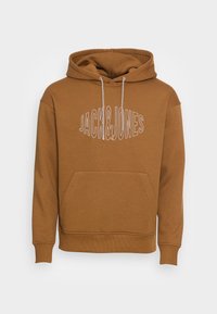 Felpa marrone con tasca frontale a marsupio, cordini bianchi e un logo con la scritta "JACK&JONES" in outline bianca sul petto.