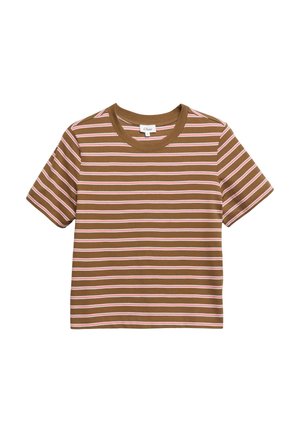 Brązowy krótki t-shirt z poziomymi białymi i różowymi paskami, krótkimi rękawami i okrągłym dekoltem.