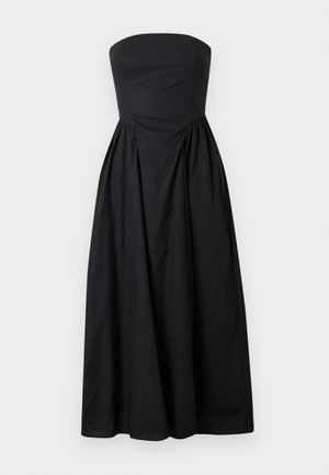 Μαύρο μίντι φόρεμα χωρίς τιράντες με εφαρμοστή κορσέ και φουσκωτή φούστα, κατασκευασμένο από απαλό ύφασμα.