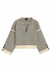 Pull à rayures horizontales crème et noir avec manches larges, col en V et détails de boutons près des poignets.