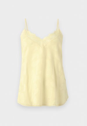 Κίτρινο σατέν καμιζόλ με λεπτές τιράντες και δαντέλα κατά μήκος του V-λαιμού, με διακριτικό μοτίβο παϊένσλι.