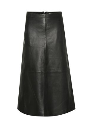 Black leather A-line skirt with a smooth texture, knee-length, rear zipper closure, and minimal stitching detail.