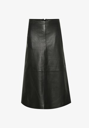 Fekete bőr A-vonalú szoknya sima textúrával, térd hosszúságú, hátsó cipzáras záródással és minimális varrási részletekkel.