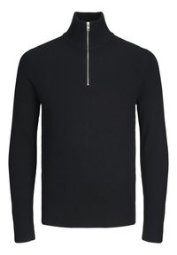 Pull-over noir côtelé avec col haut, fermeture à demi-fermeture éclair à l'avant et manches longues. Texture douce, coupe ajustée.