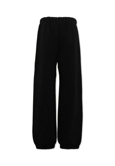 Pantalon de survêtement noir à jambes larges avec taille et poignets élastiqués, conçu pour une tenue décontractée.