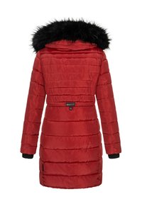 Red padded coat with a detachable black fur hood, ribbed cuffs, vertical stitching, and a visible button closure detail.
