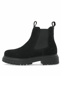 Zwarte suède Chelsea-boot met elastische zijkanten, ronde neus en een chunky zool met een profielpatroon voor grip.