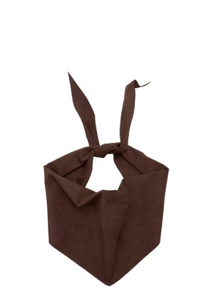 Rjava umetna zamšasta šal v trikotni obliki, z vezanimi konci in teksturirano površino. Primeren za različne možnosti stiliziranja.