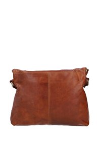Brown leather bag with a soft texture, rectangular shape, and top zipper closure. Features a stitched line down the center and adjustable strap.
