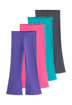Four pairs of flared pants in purple, pink, turquoise, and dark gray, arranged overlapping on a white background.