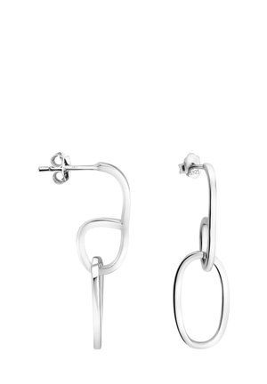 Boucles d'oreilles pendantes à double maillon en argent avec des formes ovales abstraites et irrégulières, avec fermoir estampillé « 925 » pour argent sterling.