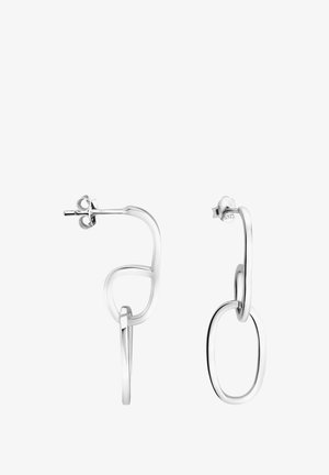 Boucles d'oreilles pendantes à double maillon en argent avec des formes ovales abstraites et irrégulières, avec fermoir estampillé « 925 » pour argent sterling.