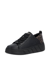 Baskets noires avec une tige en cuir texturé, design à lacets et un talon en imprimé léopard contrastant. Semelle en caoutchouc épaisse avec des accents rainurés.