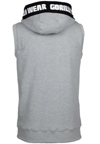 Mouwloze grijze hoodie met een zwarte kraag waarop "GORILLA WEAR" in het wit is afgebeeld. Zachte textuur, normale pasvorm en een ronde onderkant.