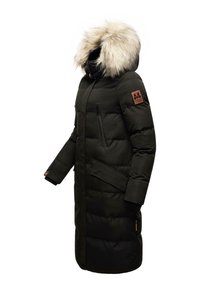 Black padded winter coat with a removable fur-lined hood, zippered pockets, and leather accent on the sleeve. Durable fabric.