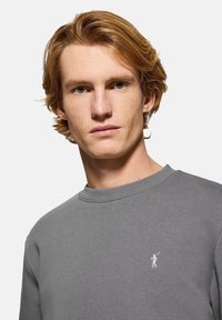 Grå sweatshirt med rund halsringning, försedd med en liten vit broderad logotyp på bröstet. Slät textur, regular fit.