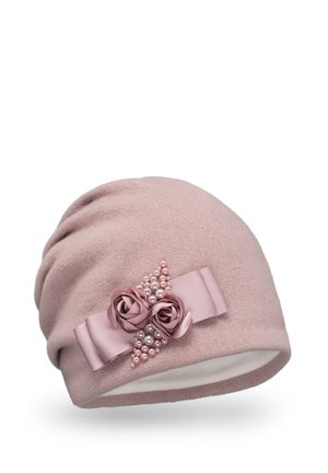 Pink knit beanie with a smooth texture, featuring a side band of satin ribbon and decorative fabric roses accented with pearl beads.