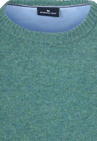 Groene gebreide trui met een ronde hals, met een textuurpatroon en een ribbelzoom. Het label zegt "STEPPIN' OUT."