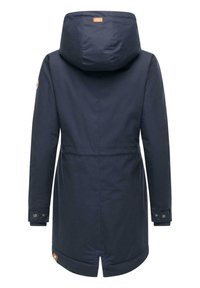 Navy blue parka with a large hood, buttoned cuffs, and a label on the back. Material appears smooth, with a streamlined silhouette.