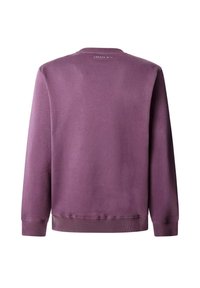 Paarse crewneck sweatshirt van zacht katoenmix stof, met ribgebreide manchetten en zoom, en een klein logo-tekst op de bovenrug.