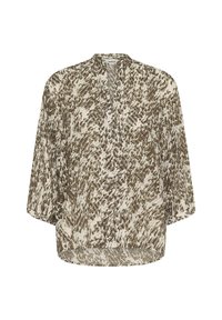 Leichtes, locker sitzendes Blusenshirt in Creme mit abstraktem Muster in Grün und Braun, das über einen V-Ausschnitt und Dreiviertelärmel verfügt.