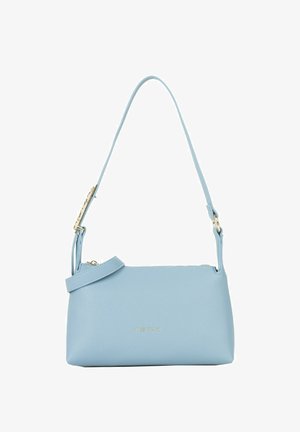 Borsa a tracolla rettangolare in pelle azzurro chiaro con tracolla singola, dettagli in metallo color oro e piccolo logo "Valentino" centrato sul davanti.