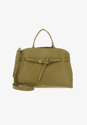 Olive green leather handbag with top handles, adjustable shoulder strap, belt detail with silver buckle, and small brand logo on front.