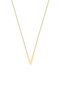 Kuldne kaelakee, millel on V-kujuline ripats, ripub õrnalt ahela küljes. Sile tekstuur ja poleeritud viimistlus.