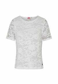 Weißes Kurzarm-T-Shirt aus Spitze mit Blumenmuster, runder Ausschnitt und einem dekorativen Logo-Tag am Saum. Glattes, strukturiertes Material.