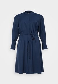 Dunkelblaues Kleid aus weichem Stoff, mit Kragen, langen Ärmeln, einem elastischen Bund mit Bindeband und einer geraden, knielangen Silhouette.