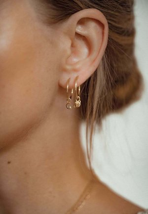 Gold hoop earrings with small charms; one charm is a lion head, the other is a crescent shape. Smooth texture, shiny finish.