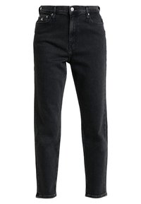 Černé džíny z denimu s úzkým střihem, vybavené klasickým designem s pěti kapsami, předními knoflíky a nenápadným logem značky na pasu.