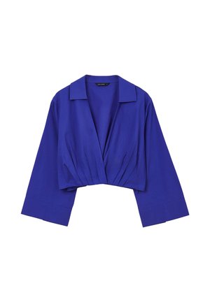 Blusa corta blu royal con ampio colletto, maniche lunghe e larghe, e scollatura a V profonda con tessuto arricciato in vita.