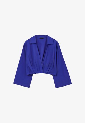 Blusa corta blu royal con ampio colletto, maniche lunghe e larghe, e scollatura a V profonda con tessuto arricciato in vita.