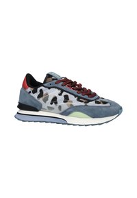 Sport shoes featuring a blue suede upper with leopard print accents, red rear, textured laces, and a white sole with black details.