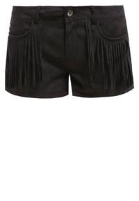 Shorts en daim noir avec des franges le long des poches avant et une fermeture par bouton à la taille.