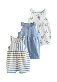 Three baby dresses: one striped in blue and white with buttons, one solid blue with heart patterns, and one white with bow prints.