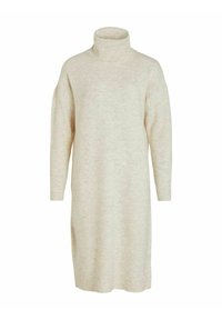 Vestito a dolcevita beige chiaro realizzato in un tessuto morbido e testurizzato; presenta maniche lunghe e una vestibilità ampia e dritta che arriva a metà coscia.
