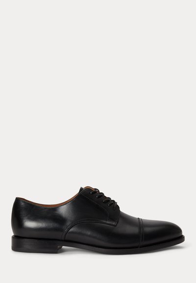 Black leather men's dress shoe with laces and a low heel, shown from the side on a white background.