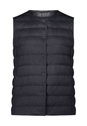 Schwarze wattierte ärmellose Steppweste mit Druckknopfverschluss, rundem Ausschnitt und horizontalen Nähten, ideal für leichte Outdoor-Bekleidung.