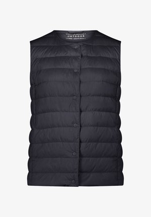 Schwarze wattierte ärmellose Steppweste mit Druckknopfverschluss, rundem Ausschnitt und horizontalen Nähten, ideal für leichte Outdoor-Bekleidung.