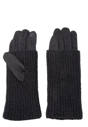 Black knitted gloves with ribbed texture, featuring a smooth inner layer and a small embroidered detail on the wrist area.