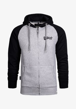 Grijze zip-up hoodie met zwarte mouwen, voorzien van een trekkoordkap, twee voorkruiszakken en geborduurd logo op de borst. Zachte katoenmix.