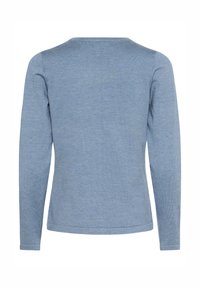 Gaiši zils garas piedurknes džemperis, ribota tekstūra, apaļa kakla izgriezums, pieguļošs dizains, skats no aizmugures, gluda auduma bez rakstiem vai rotājumiem.