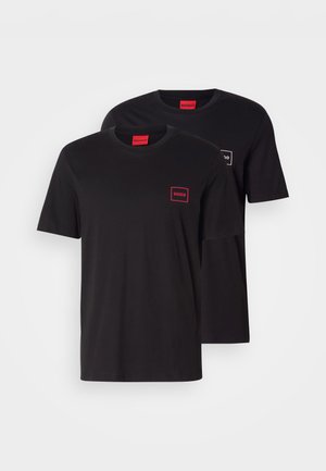 Black cotton t-shirts, short sleeves, crew neck. One with red logo patch, the other with white logo patch on the chest. Two-pack set.