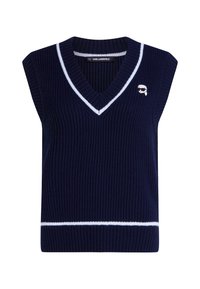 Navy ribbed knit sleeveless sweater with a v-neck and white striped accents. Features a small logo embroidered on the chest.