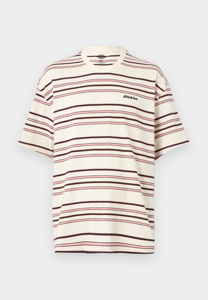Camiseta de manga corta color crema con rayas horizontales rosas y marrones y un pequeño logo de "Dickies" en el pecho izquierdo.