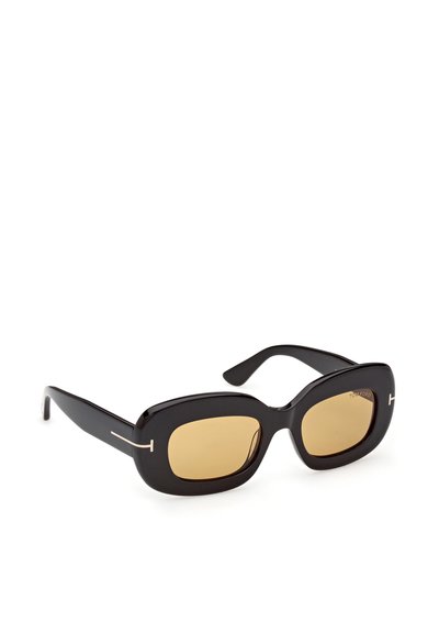 Schwarze, übergroße rechteckige Sonnenbrille mit braun getönten Gläsern und dezenten goldenen Akzenten an den Bügeln.