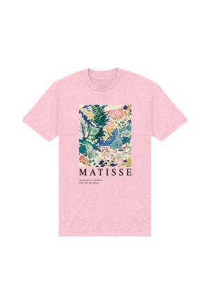 Pink t-shirt med et farverigt abstrakt landskabsmaleri og teksten "MATISSE" og "Landscape at Collioure, 1905, Oil On Canvas" nedenunder.